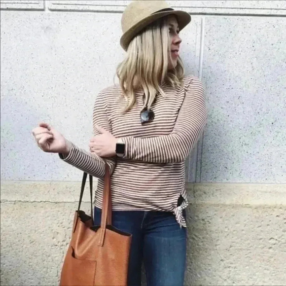 Madewell Soundcheck Side Knot Striped Top Brown Long Sleeve Linen Size Small S - Picture 1 of 12